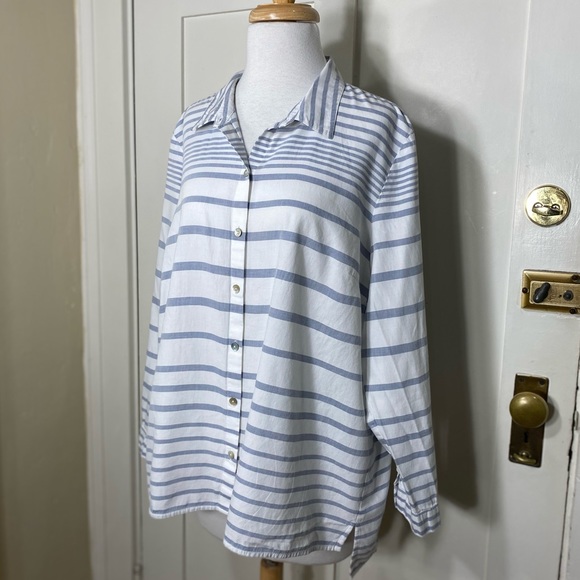 J.Jill Blue White Cotton Tunic Striped Button Down Top - Picture 2 of 12